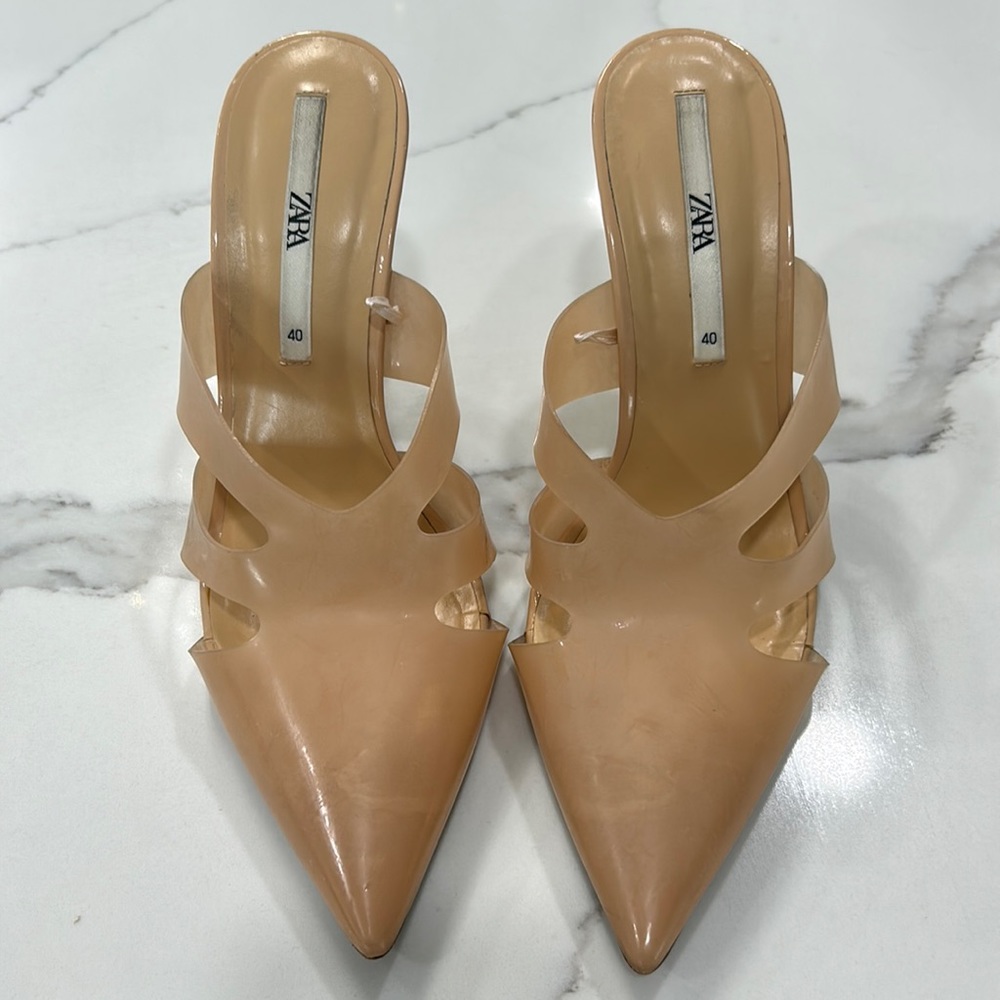 Zara Nude Patent Pointed Mule Heels